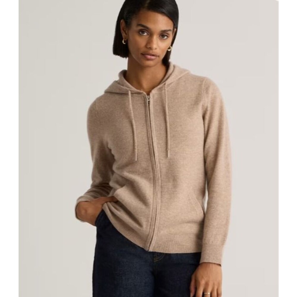 Quince Oatmeal Beige Mongolian Cashmere Full-Zip Hoodie Small